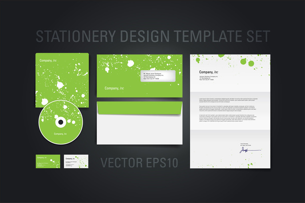 Green vector stationery design template set with paint splatters - Vektör, Görsel
