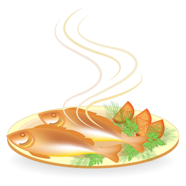 Две жареные горячие рыбки на тарелке. Вкусная и питательная еда. Рядом с помидором, петрушкой и укропом. Подходит для завтрака, обеда или ужина. Векторная иллюстрация
 - Вектор,изображение