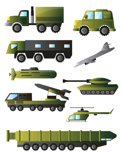 Set of war machines, tanks and equipment in green colors - Διάνυσμα, εικόνα