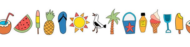 Summer icons seamless vector border. Repeating banner design with watermelon, popsicle, pineapple, coconut, ice cream cone, palm tree, seagull, flipflop sandal, sunscreen - Vector, Image