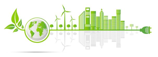 Ecologie en milieu concept, aarde symbool met groene bladeren rond steden helpen de wereld met milieuvriendelijke ideeën, vector illustratie - Vector, afbeelding