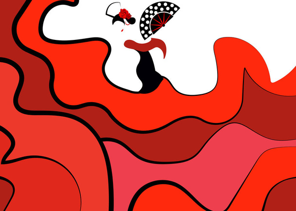 Танцовщица фламенко, сексуальный силуэт красивая испанка в красном длинном платье с веером и пейнета в эффектной позе, артист Латинской Америки исполнитель, векторный шаблон моды фон
 - Вектор,изображение