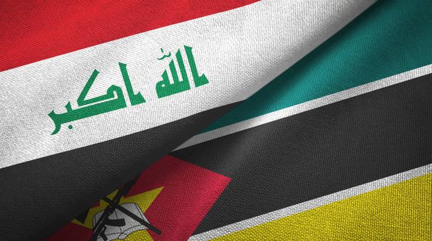 Irak és Mozambik két zászló textil ruhával, szövet textúra - Fotó, kép