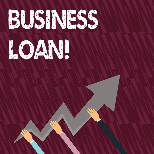 Text sign showing Business Loan. Conceptual photo Loans provided to small businesses for various purposes Three Hands Holding Colorful Zigzag Lightning Arrow Pointing and Going Up. - Photo, Image