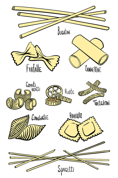 Joukko erilaisia pastaa värillisissä käsin piirretyissä viivoissa
 - Vektori, kuva