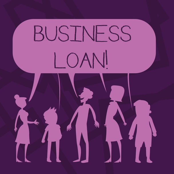 Text sign showing Business Loan. Conceptual photo Loans provided to small businesses for various purposes Silhouette Figure of People Talking and Sharing One Colorful Speech Bubble. - Fotoğraf, Görsel
