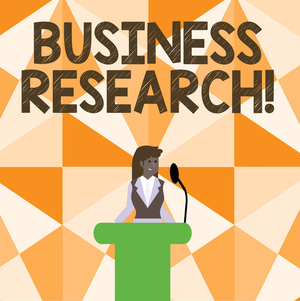 Word writing text Business Research. Business concept for process of acquiring detailed information of the business Businesswoman Standing Behind Podium Rostrum Speaking on Wireless Microphone. - Photo, Image