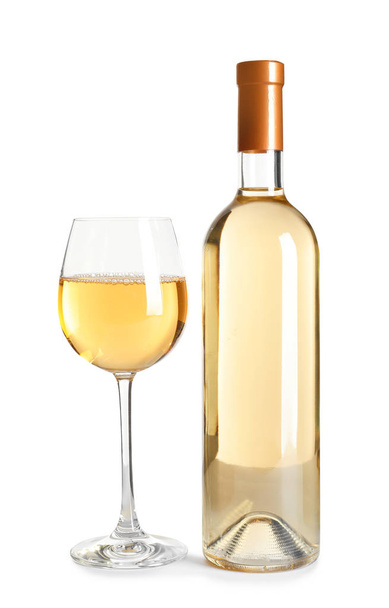 Glass and bottle of delicious wine on white background - Zdjęcie, obraz