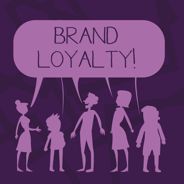 A Brand lojalitást mutató szöveges jel. Konceptuális fotó ajánlás, hogy megvásárolja az azonos termék vagy szolgáltatás ismételten Silhouette alakja emberek beszélő és megosztása egy színes beszéd buborék. - Fotó, kép