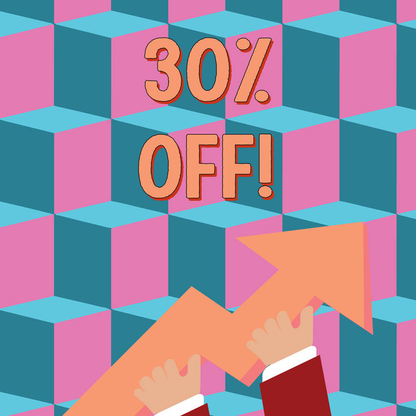 Conceptual hand writing showing 30 Percent Off. Business photo text 30 percent reduction on the original price of a product photo of Hand Holding Colorful Huge 3D Arrow Pointing and Going Up. - Photo, Image