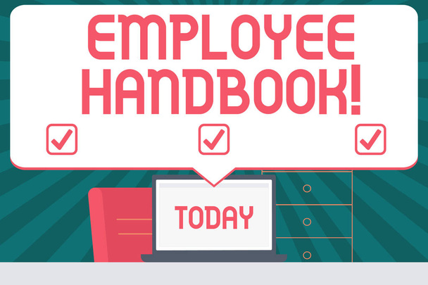 Handwriting text writing Employee Handbook. Concept meaning states the rules and regulations and policies of a company Blank Huge Speech Bubble Pointing to White Laptop Screen in Workspace Idea. - Photo, Image