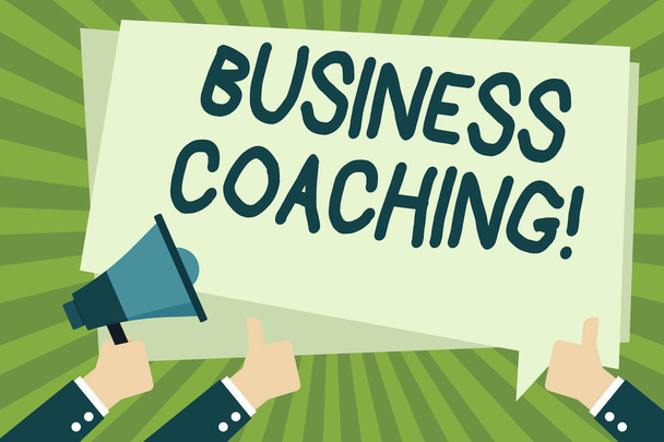 Handwriting text writing Business Coaching. Concept meaning providing support and occasional advice to an individual Hand Holding Megaphone and Other Two Gesturing Thumbs Up with Text Balloon. - Φωτογραφία, εικόνα