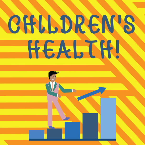 "Çocuklar Sağlıktır". Çocuk hastalığından ve hastalıktan kurtulma konsepti Gülümseyen İşadamı Renkli Bar Listesine Tırmanıyor. - Fotoğraf, Görsel