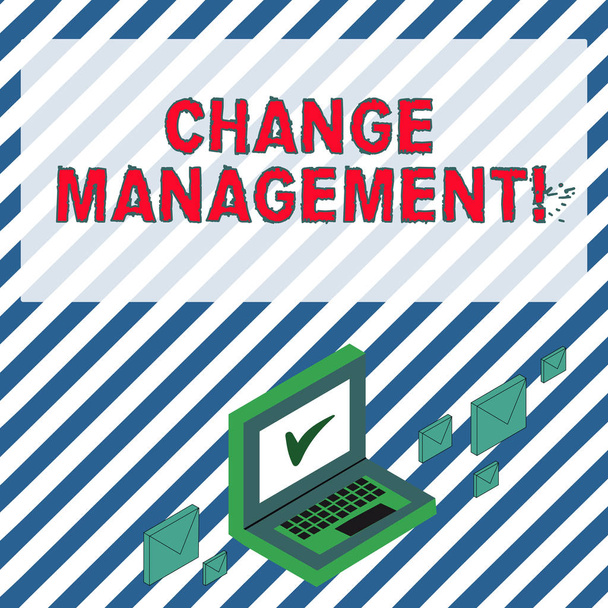 Szövegírás Change Management. Üzleti koncepció az átmenet szisztematikus megközelítéséhez Color Mail borítékok a Laptop körül Check Mark ikonnal a Monitor képernyőn. - Fotó, kép
