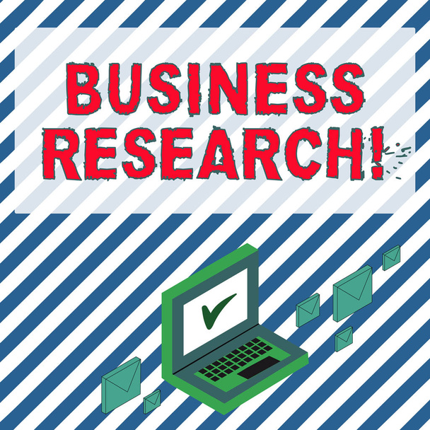 Tekstiä kirjoittava Business Research. Liiketoimintakonsepti prosessi hankkia yksityiskohtaista tietoa liiketoiminnan Color Mail kirjekuoret noin Laptop Check Mark kuvaketta näytön
. - Valokuva, kuva