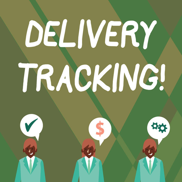 Word writing text Delivery Tracking. Business concept for the process of localizing shipping containers and mails Businessmen Each has their Own Speech Bubble with Optimization Cost Icons. - Photo, Image