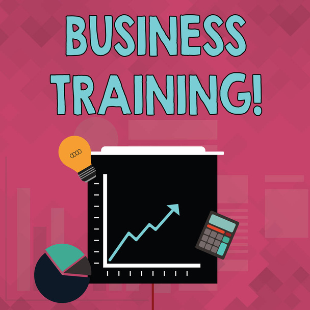 Word writing text Business Training. Business concept for increasing the knowledge and skills of the workforce Investment Icons of Pie and Line Chart with Arrow Going Up, Bulb, Calculator. - Photo, Image