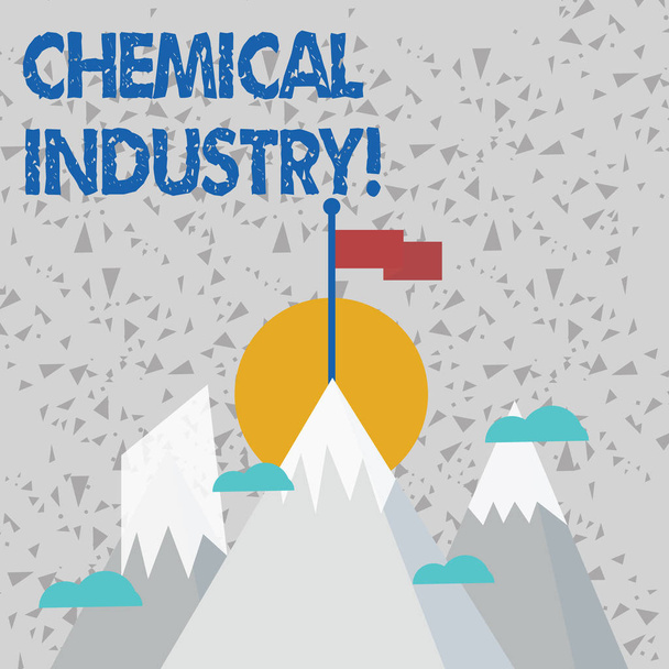 Kimya Sanayi'ni gösteren bir metin işareti. Kavramsal fotoğraf kar ile endüstriyel kimyasallar Üç Yüksek Dağlar üreten şirketler oluşur ve Bir Zirvede Boş Renkli Bayrak vardır. - Fotoğraf, Görsel