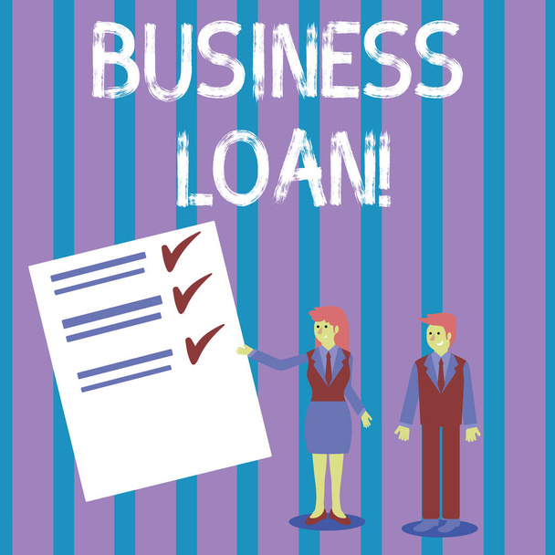 Conceptual hand writing showing Business Loan. Business photo showcasing Loans provided to small businesses for various purposes Man and Woman Presenting Report of Check and Lines on Paper. - Photo, Image
