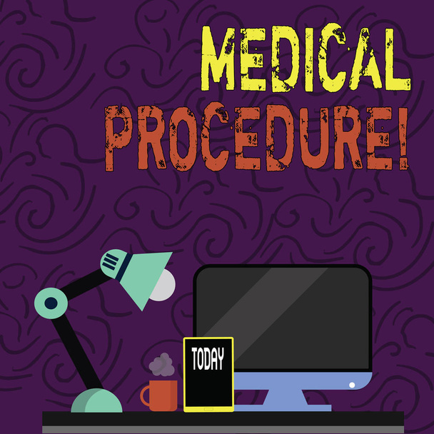Znak tekstowy przedstawiający procedurę medyczną. Zdjęcie koncepcyjne procedura zatrudniona przez lekarzy lub stomatologicznych aranżacja przestrzeni roboczej dla pracowników Nightshift z komputerem, tabletem i lampą. - Zdjęcie, obraz