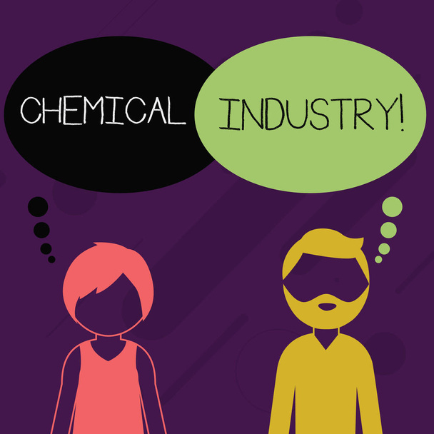 Kelime yazma Kimya Endüstrisi. İş konsepti endüstriyel kimyasallar üreten şirketlerden oluşuyor. Sakallı Adam ve Yüzsüz Adam Boş Renkli Düşünce Baloncuğu. - Fotoğraf, Görsel