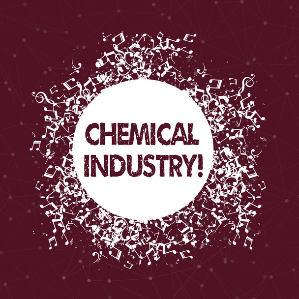 Πινακίδα κειμένου που δείχνει χημική βιομηχανία. Εννοιολογική φωτογραφία αποτελείται από τις εταιρείες που παράγουν βιομηχανικά χημικά έχουν αποσυναρμολογήσεις και συγκεχυμένες μουσικές σημειώσεις εικονίδιο γύρω από κενό πολύχρωμο κύκλο. - Φωτογραφία, εικόνα