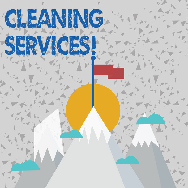 A Takarítószolgáltatásokat ábrázoló szöveges jel. Fogalmi fotó elvégzi a különböző tisztítási és karbantartási feladatokat három magas-hegység hó és egy üres színes zászló a csúcs. - Fotó, kép