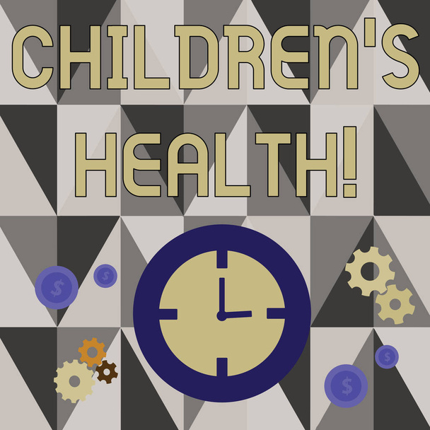 Handwriting text writing Children S Is Health. Concept meaning kid condition of being free from illness or disease Time Management Icons of Clock, Cog Wheel Gears and Dollar Currency Sign. - Photo, Image