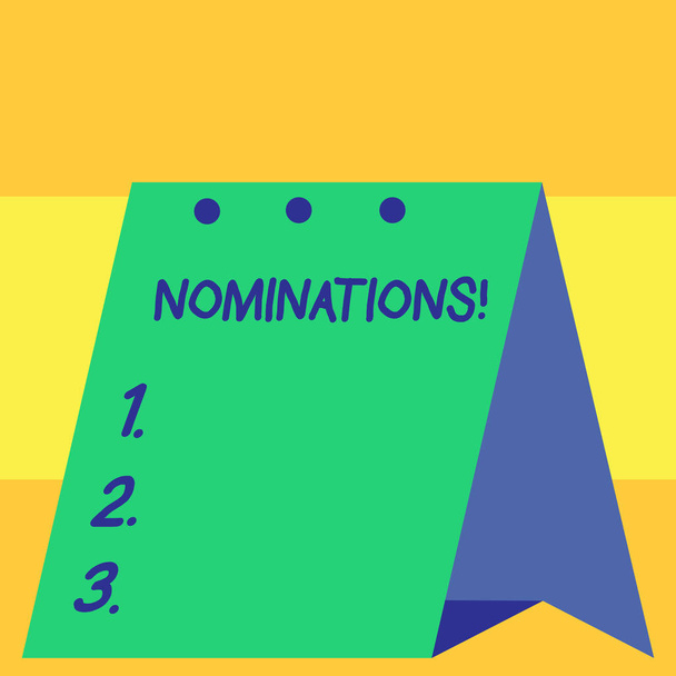 Word writing text Nominations. Business concept for action of nominating or state being nominated for prize. - Photo, Image