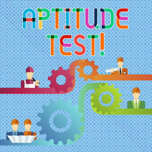 Handwriting text Aptitude Test. Concept meaning designed to determine a demonstrating s is ability in a particular skill Cog Gear Setting Icon Connecting Men from Different Professional Character. - Photo, Image