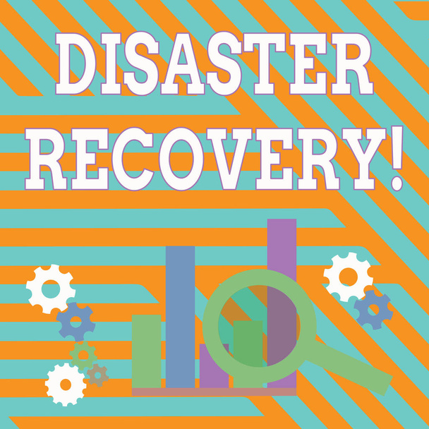Text sign showing Disaster Recovery. Conceptual photo helping showing affected by a serious damaging event Magnifying Glass Over Bar Column Chart beside Cog Wheel Gears for Analysis. - Photo, Image