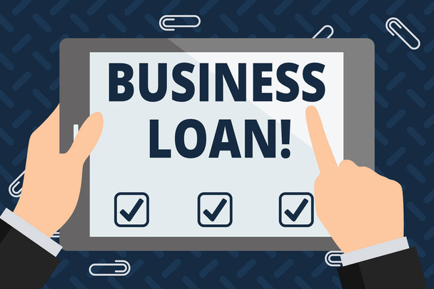 Text sign showing Business Loan. Conceptual photo Loans provided to small businesses for various purposes Businessman Hand Holding, Pointing and Touching Colorful Tablet Blank Screen. - Fotoğraf, Görsel