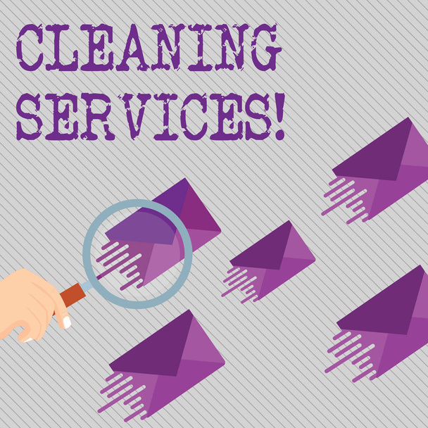 Käsitteellinen käsin kirjoittaminen osoittaa Siivouspalvelut. Business valokuva esittelee suorittaa erilaisia puhdistus- ja huoltotehtäviä Suurennuslasi Color Kirjekuori ja muut on sama Shade
. - Valokuva, kuva