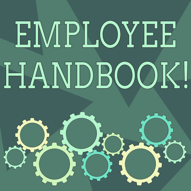 Conceptual hand writing showing Employee Handbook. Business photo showcasing states the rules and regulations and policies of a company Cog Wheel Gear Engaging, Interlocking and Tesselating. - Photo, Image