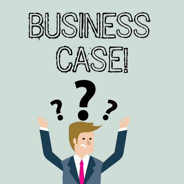 Handwriting text Business Case. Concept meaning provides justification for undertaking a project or program Confused Businessman Raising Both Arms with Question Marks Above his Head. - Photo, Image