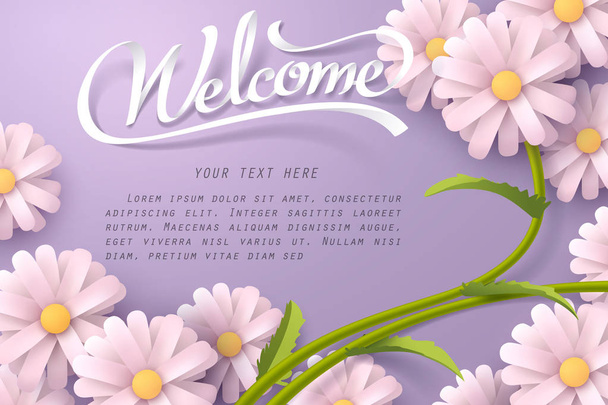 Paper art of Welcome calligraphy and Daisy flower with copy spac - Vector, Image