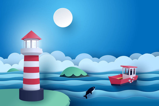 Paper art of lighthouse and small boat at the sea in night - Vector, Image