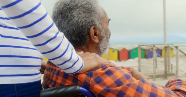 Mid section of active senior African American woman put her hand on disabled senior man shoulders. He is smiling and holding her hand 4k - 映像、動画