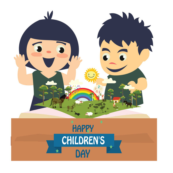 Happy children day background. Vector illustration of Universal Children day poster. Greeting card. Flat. Round frame. - Vector - Vector, Image
