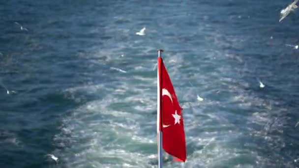Zászló a hátsó török hajó lebegnek a szél. Kék hullámok a háttérben a repülő-és sikoltozó sirályok. - Felvétel, videó