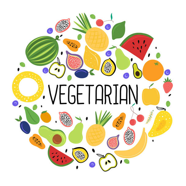 vegetarische Kost. Frisches buntes Obst im Kreis angeordnet. Vektorillustration. - Vektor, Bild
