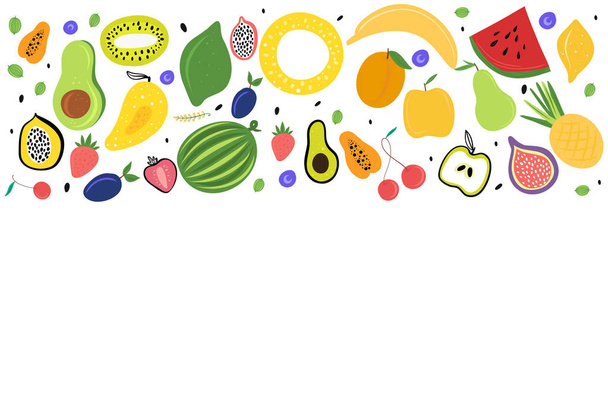 Marco colorido vectorial con espacio de copia, fruta fresca orgánica sobre fondo blanco
. - Vector, imagen