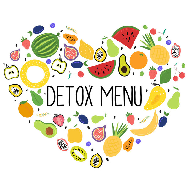 Detox menu. Свіжі барвисті фрукти, розташовані в серці. Векторні ілюстрації
 - Вектор, зображення