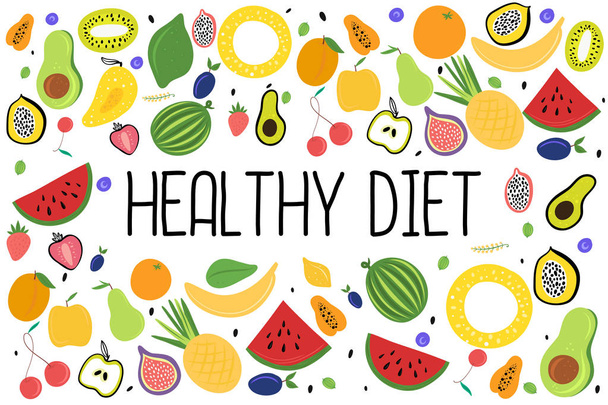 Comida saludable y dieta saludable. Ilustración de vectores de fruta orgánicos y frescos
.  - Vector, imagen