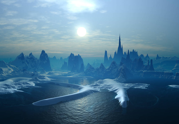 3D renderowane Fantasy Zima Krajobraz-3D ilustracja - Zdjęcie, obraz