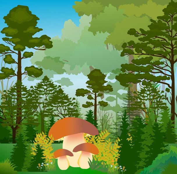  samenstelling met bomen en paddenstoelen die groeien tussen kleine bomen - Vector, afbeelding