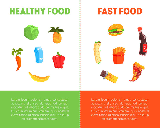 Wybór żywności, zdrowe i Junk Food banner szablon z miejscem na tekst, świeże warzywa lub Fast food wektor ilustracji - Wektor, obraz