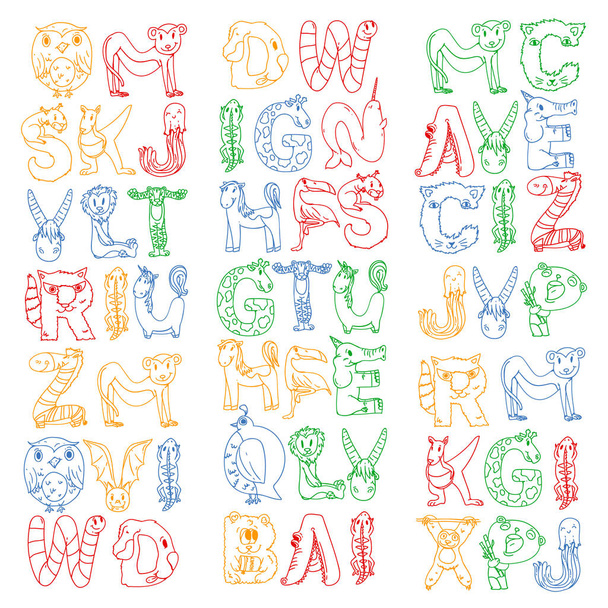 Zvířecí abeceda. Dopisy od A do Z. Flamingo, žiraffa, kůň, aligátor, medvěd, kočka, pes, slon - Vektor, obrázek