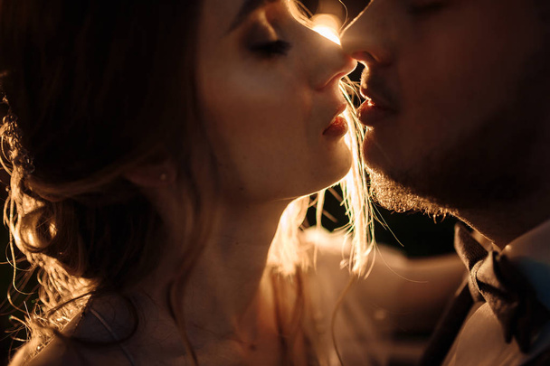 красивая молодая пара молодоженов целуется
  - Фото, изображение