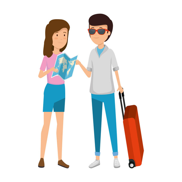 tourist couple with suitcases characters - Vector, Image